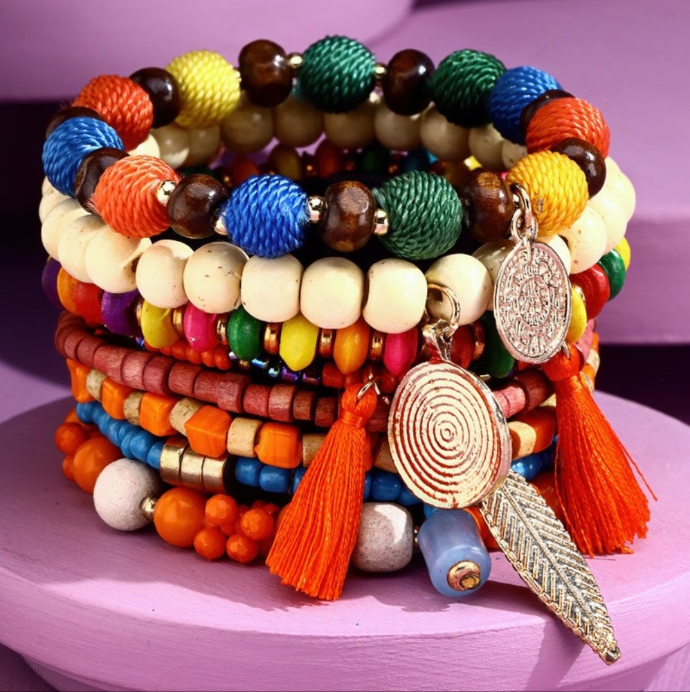 Bright & Colorful Bohemian Beaded Stretch Bracelet Set w Charms & Tassel Accent